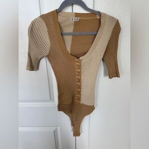 Free People Tan and Cream Ribbed Bodysuit